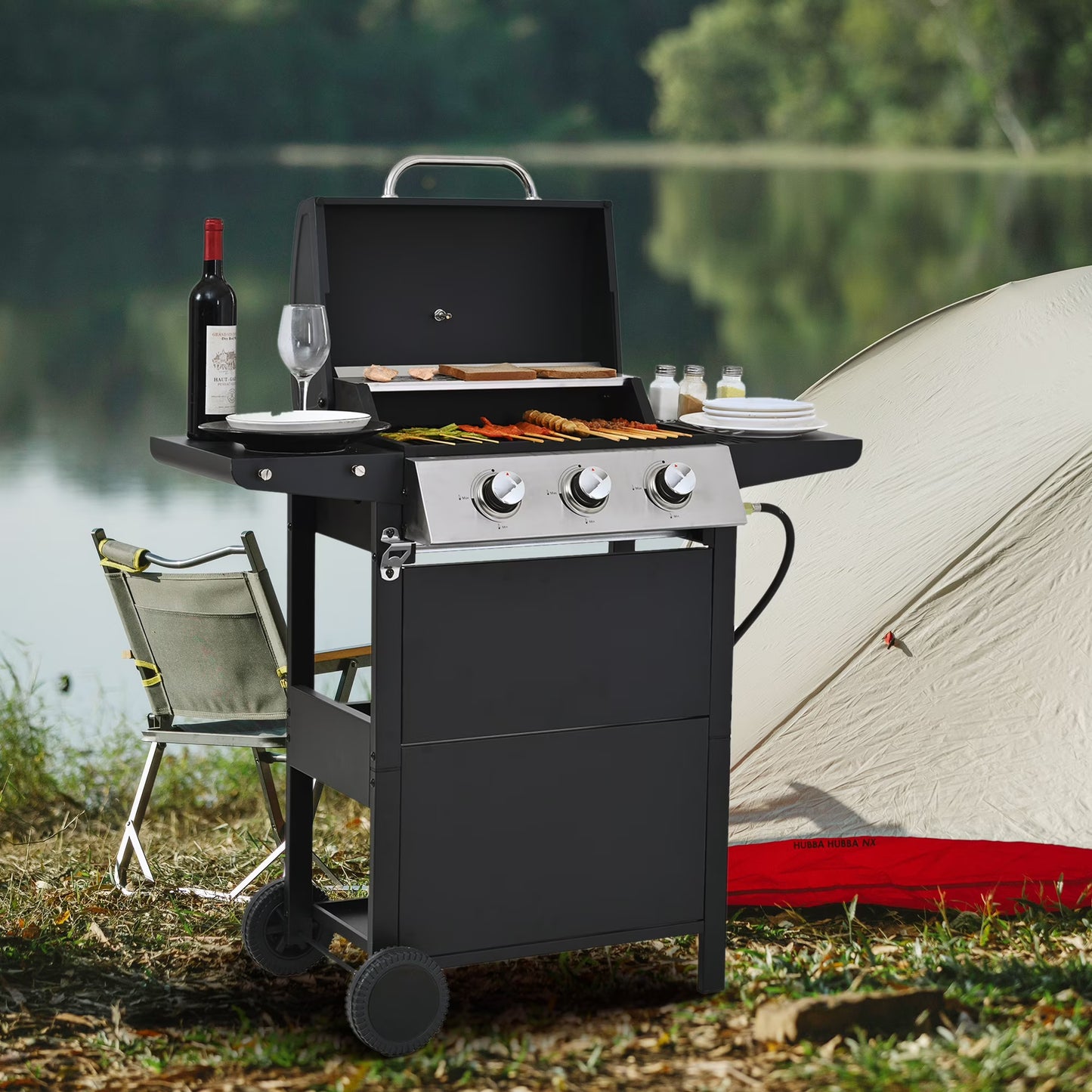 Qiushi 3-Burner Propane Gas Grill, 26,000 BTU Stainless Steel BBQ Grill with 2 Shelves & Thermometer, Outdoor Patio Grill with Electronic Ignition, Wheels & Bottle Opener – Durable & Even Heating