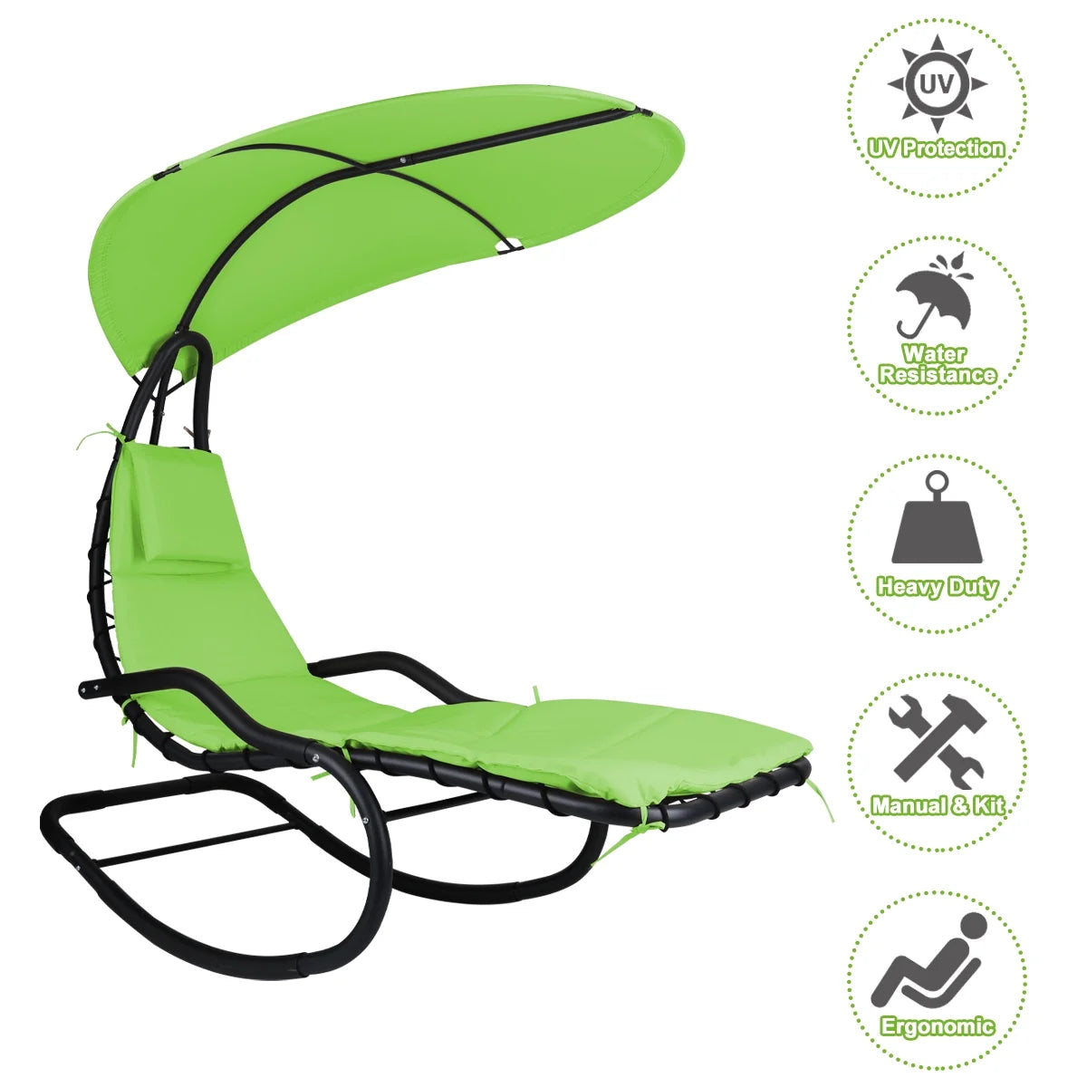 2X Rocking Hanging Lounge Chair - Curved Chaise Rocking Lounge Chair Swing For Backyard Patio w/Built-in Pillow Removable Canopy with stand {Green}