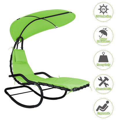 2X Rocking Hanging Lounge Chair - Curved Chaise Rocking Lounge Chair Swing For Backyard Patio w/Built-in Pillow Removable Canopy with stand {Green}