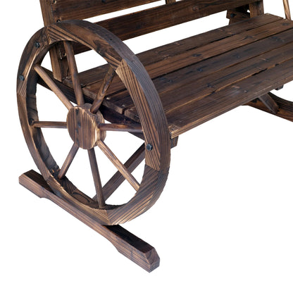 Outsunny Wooden Wagon Wheel Bench Rustic Outdoor Patio Furniture, 2-Person Seat Bench with Backrest Carbonized