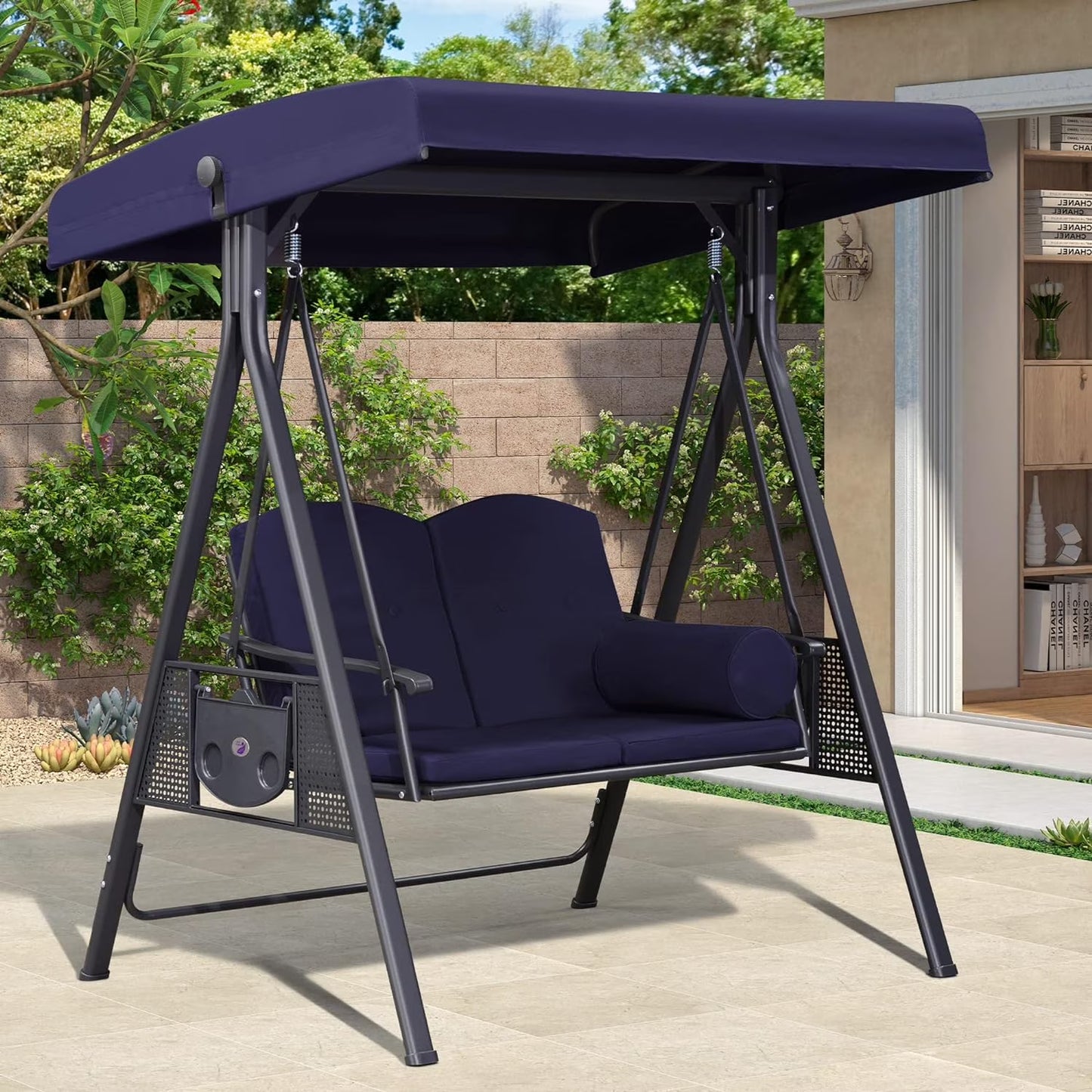 PURPLE LEAF 3-Seat Deluxe Outdoor Patio Porch Swing with Weather Resistant Steel Frame, Adjustable Tilt Canopy, Cushions and Pillow Included, Terra