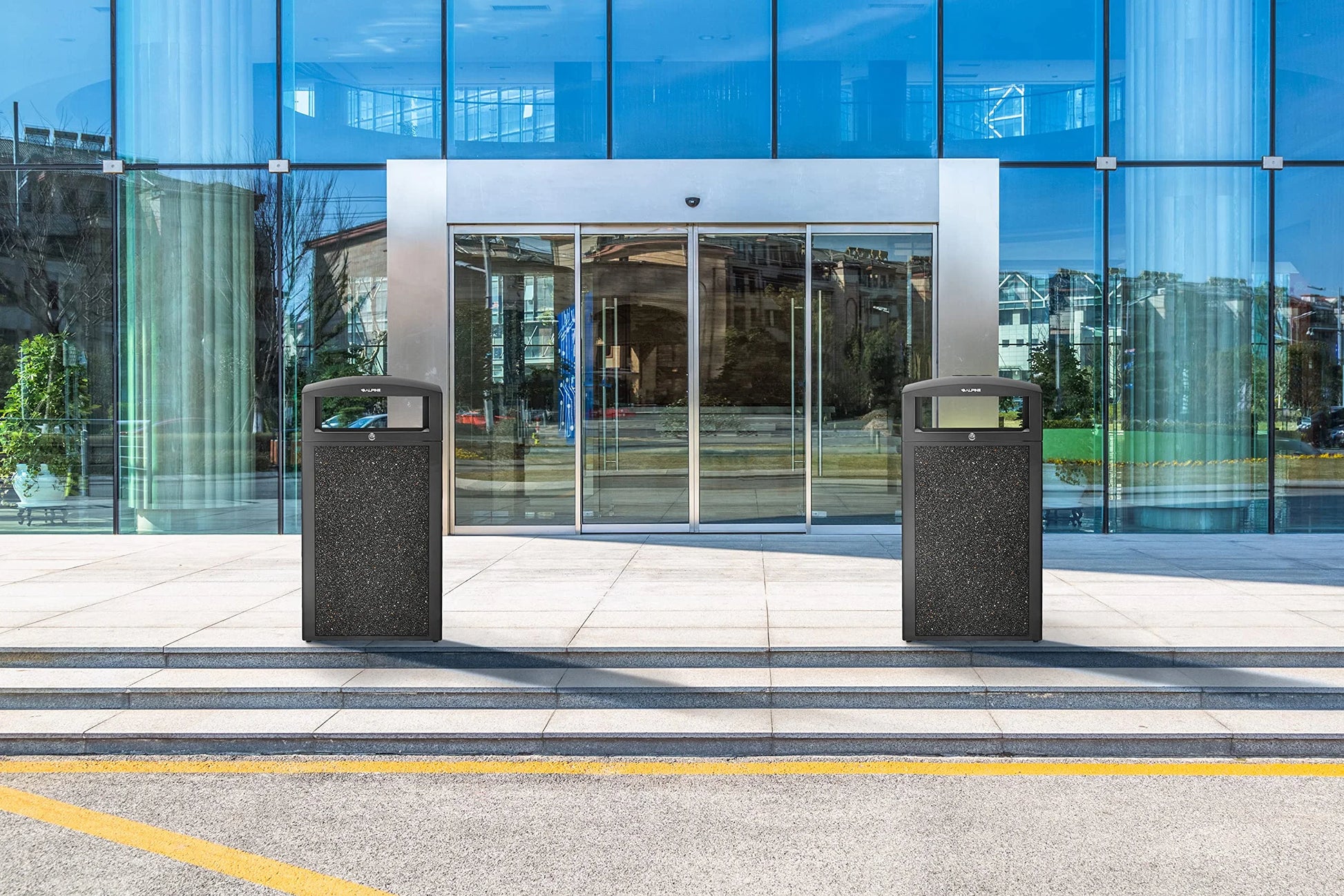 Alpine Outdoor Commercial Trash Can with Lid - 40 Gallon Heavy Duty Metal Garbage Can with Removable Bin, Locking Lid, Perfect for Patio, Pool, Deck, Mall Black, Grey Stone Panels (Tray)