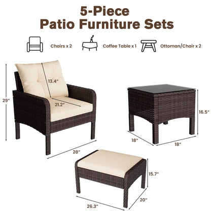 AECOJOY 5 Piece Patio Furniture Set Rattan Wicker Chair with Table Ottoman Patio Conversation Set for Porch in Beige