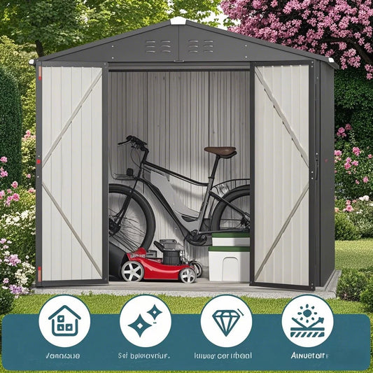8x6 ft Outdoor Storage Shed on Sale, Sheds & Outdoor Storage with Lockable Doors, Metal Garden Shed by Durable Galvanized Steel for Patio, Lawn - Dark Gray