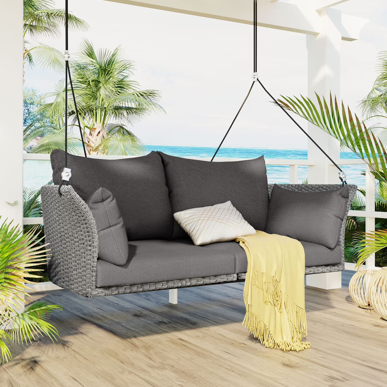2-Person Porch Swing, 51.9" Patio Swing, Rattan Woven Porch Swings Outdoor with Ropes, Gray Wicker and 2 Back Cushions Capacity 500lbs for Garden, Balcony, Living Room