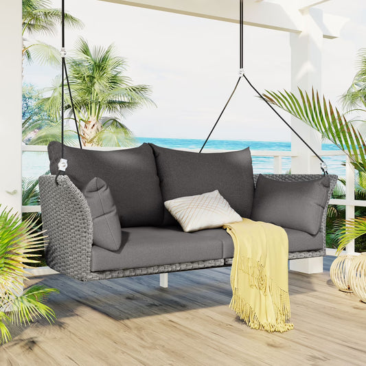2-Person Porch Swing, 51.9" Patio Swing, Rattan Woven Porch Swings Outdoor with Ropes, Gray Wicker and 2 Back Cushions Capacity 500lbs for Garden, Balcony, Living Room