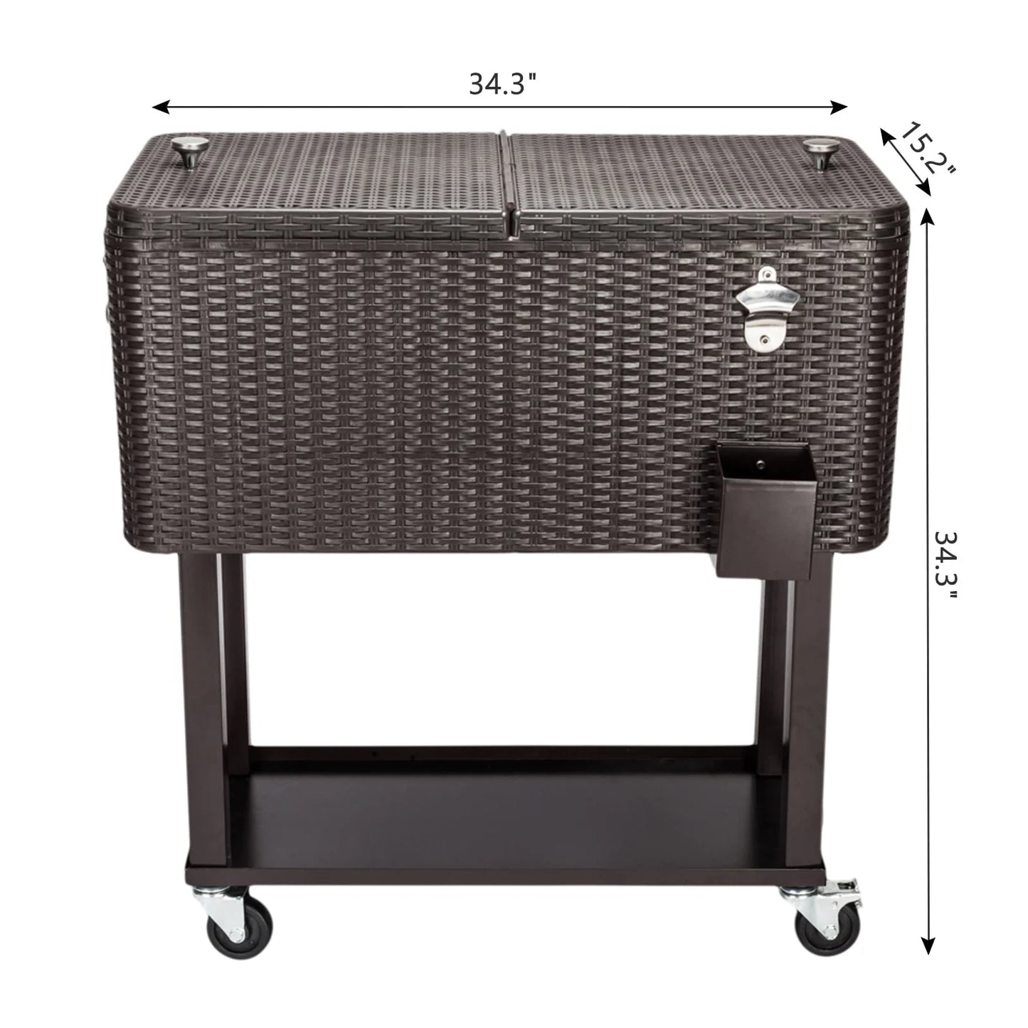 80QT Rattan Cooler with Shelf & Wheels - Insulated Outdoor Beverage Ice Chest for Parties, Patios, & Events - Durable Woven Design, Stainless Steel Accents, Keeps Cool 48 Hrs
