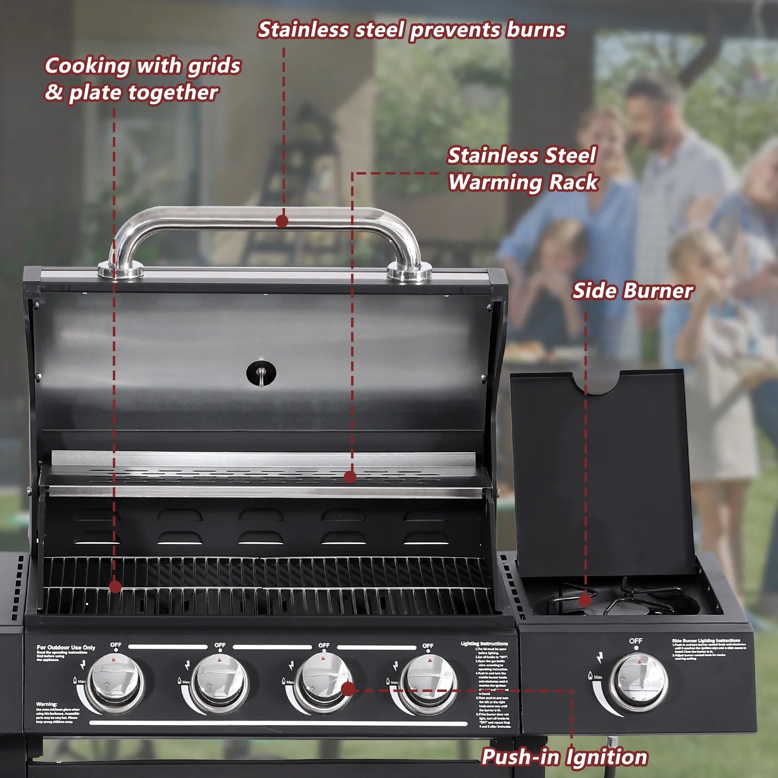 Haverchair 4-Burner Gas BBQ Grill, Cast Iron Barbecue Gas Grill with Side Burner and Bottle Opener for Outdoor Patio Garden Picnic Backyard Cooking, 50,000BTU Black