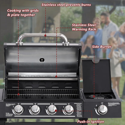 Haverchair 4-Burner Gas BBQ Grill, Cast Iron Barbecue Gas Grill with Side Burner and Bottle Opener for Outdoor Patio Garden Picnic Backyard Cooking, 50,000BTU Black