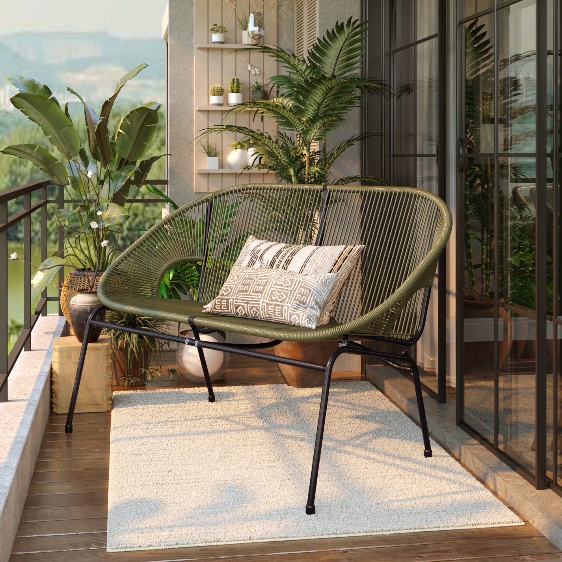 Aspen Modern Outdoor Patio Basket Loveseat, Hammock Weave Design, Metal Frame, Green