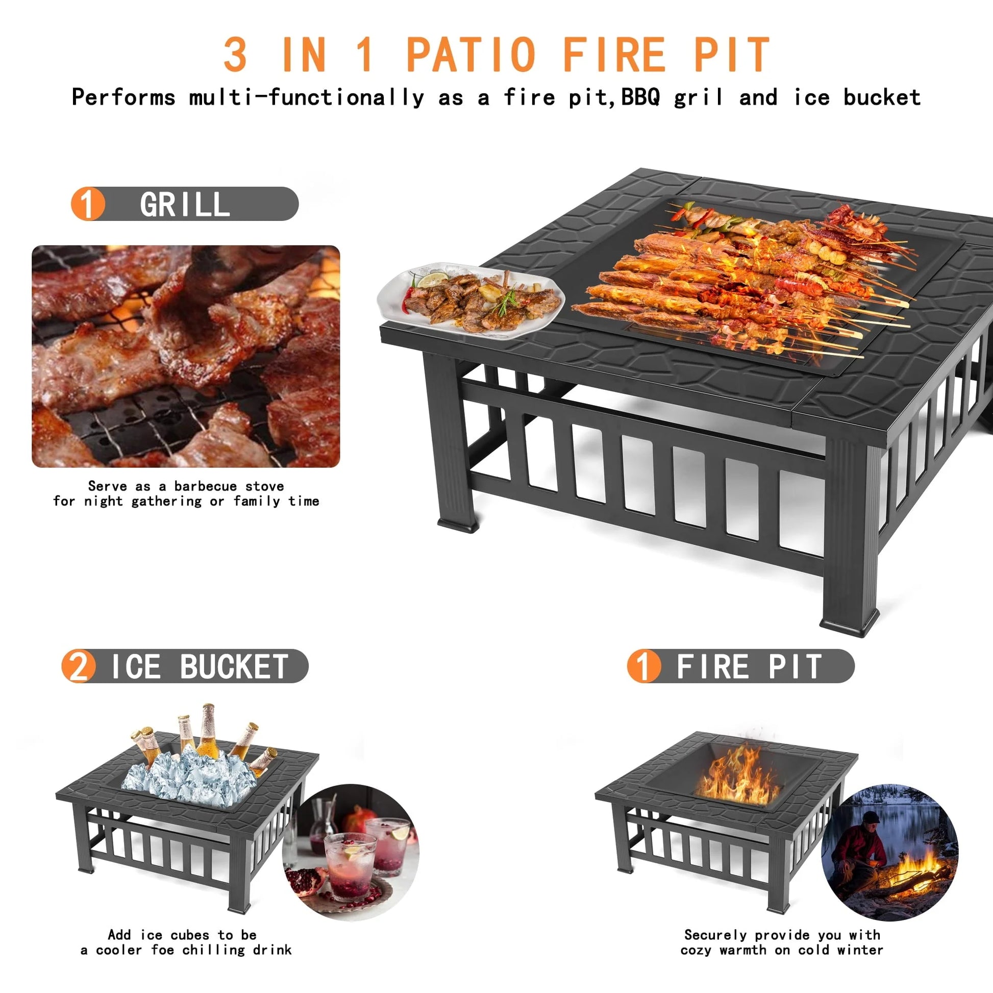 Wood Burning Fire Pits for Outside, 32" Square Iron Fire Pit Backyard Patio Garden Stove Wood Burning Fire Pit w/BBQ Net, Waterprrof Cover, Mesh Screen Lid, Wood Grate, Poker, Durable Fire Pit