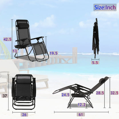 Set of 2 Zero Gravity Chairs Portable Lounge Patio Chairs Folding Zero Gravity Recliner with Pillow & Cup Holder for Patio, Poolside, Camping, Black