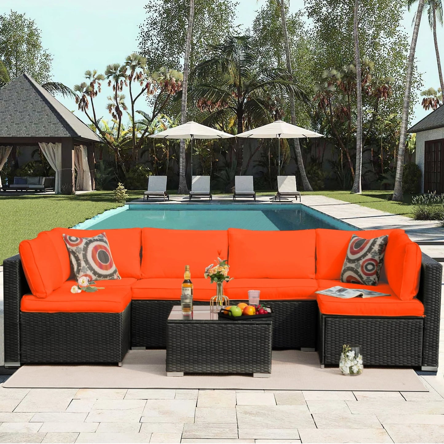 Olmia 7 Piece Patio Furniture sets PE Rattan Wicker Sectional Sofa Set, with Tea Table and Washable Couch Cushions, for Garden Poolside& Patio, Black+Orange