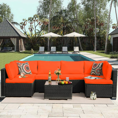 Olmia 7 Piece Patio Furniture sets PE Rattan Wicker Sectional Sofa Set, with Tea Table and Washable Couch Cushions, for Garden Poolside& Patio, Black+Orange