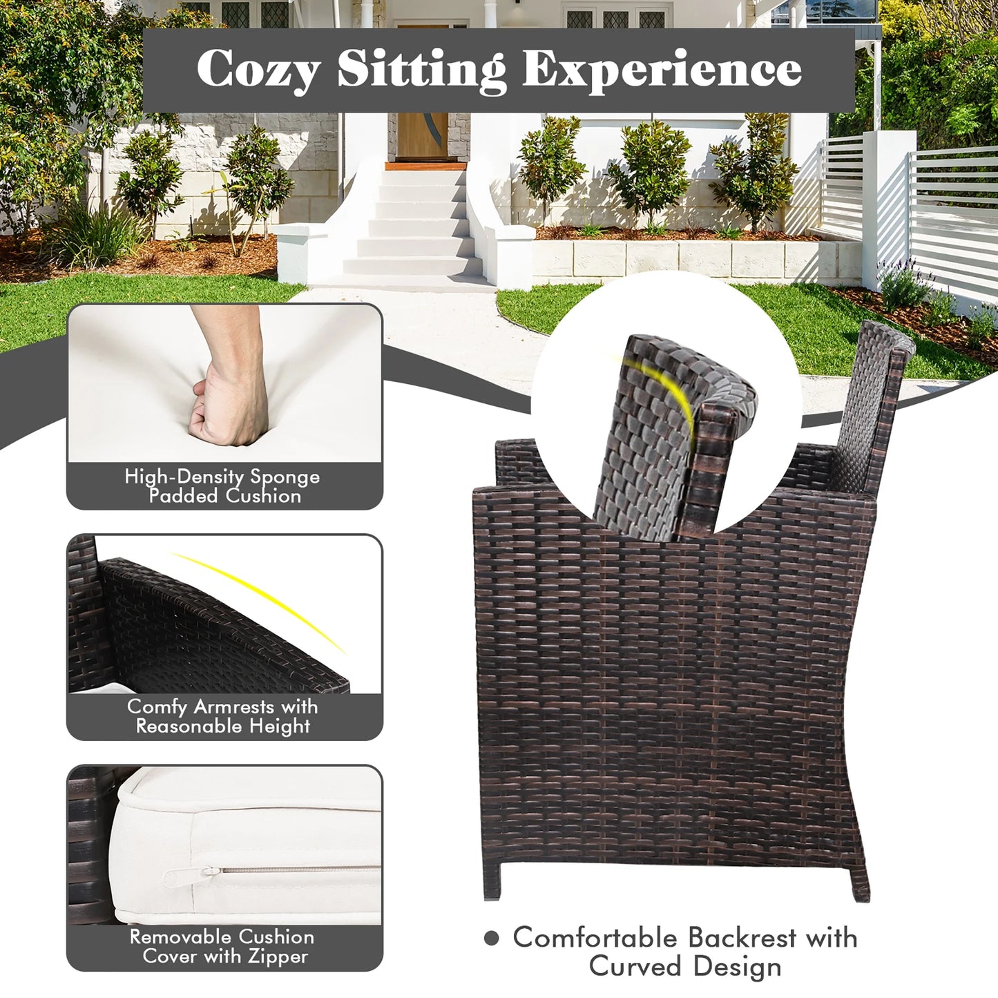 Costway 2-Person Patio Rattan Hanging Swing Chair Porch Loveseat Cushion Black