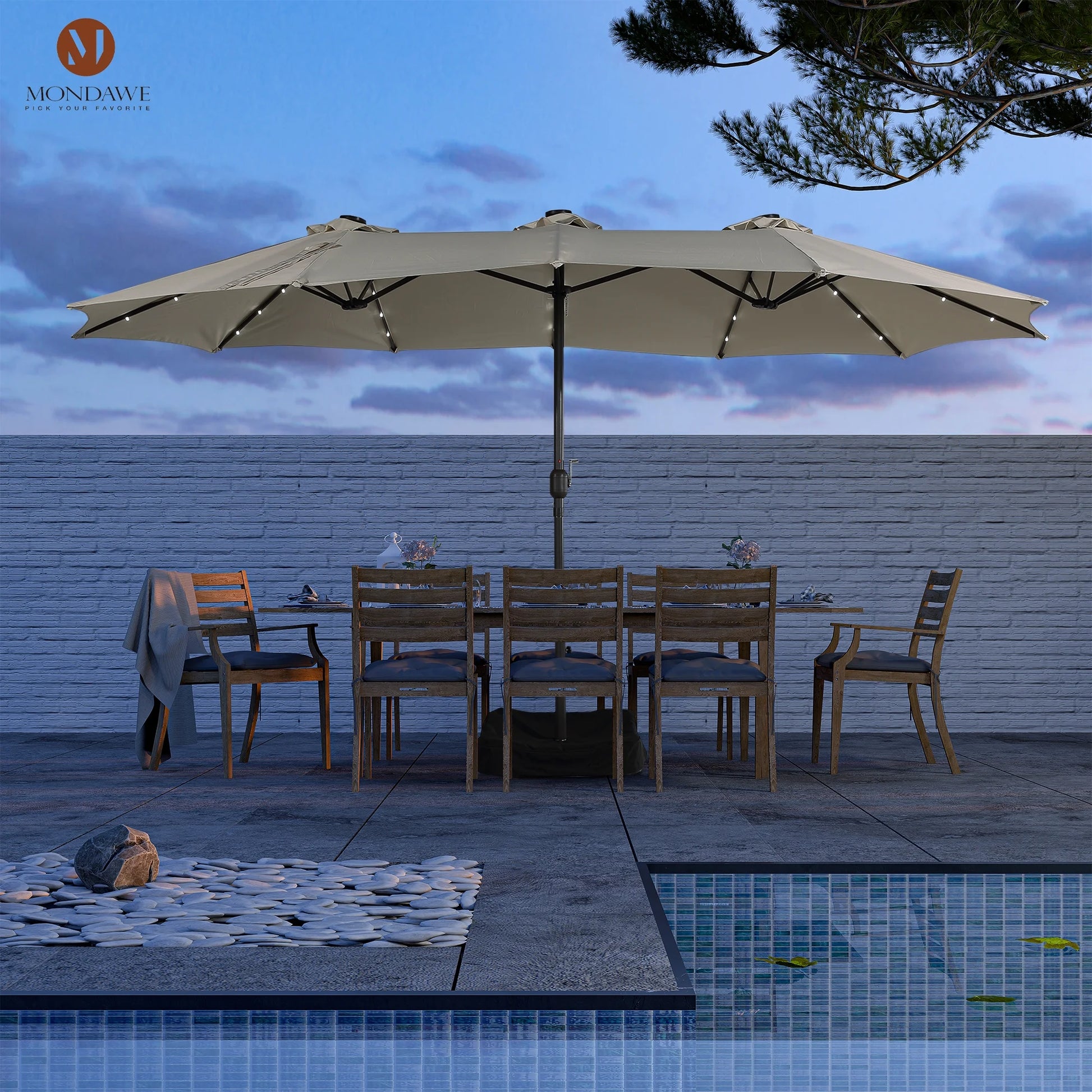 Mondawe 15ft Patio Umbrella Rectangular Outdoor Market Umbrella with Base and LED Lights Beige