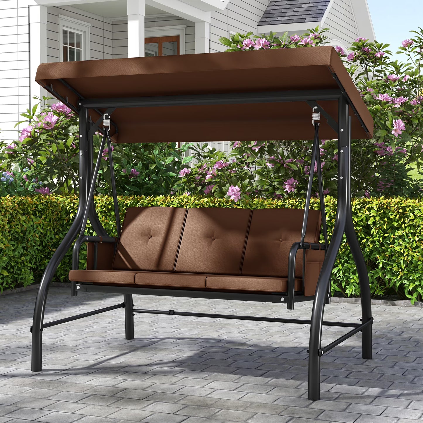 Dextrus Outdoor Patio Swing Chair, 3 Person Porch Swing with Adjustable Canopy, Removable Cushion, Suitable for Garden, Poolside, Balcony,(Brown)