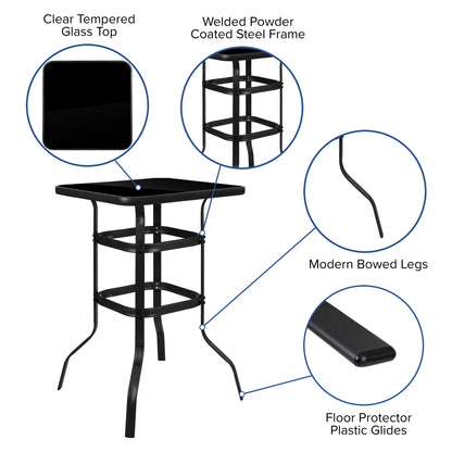 Emma + Oliver 3 Piece Outdoor Bar Height Set-Glass Patio Bar Table-Black All-Weather Barstools