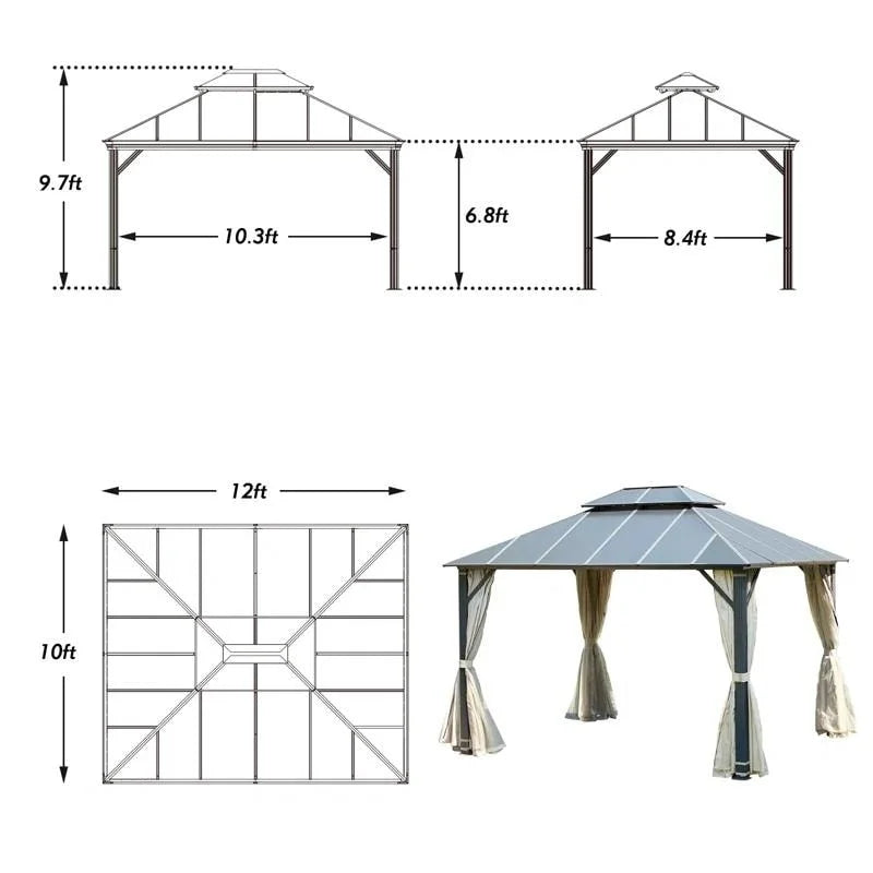 Erommy Hardtop Gazebo, Waterproof Aluminum Pavilion with Netting & Curtains for Patio, Garden Dusty Blue 10'x12'