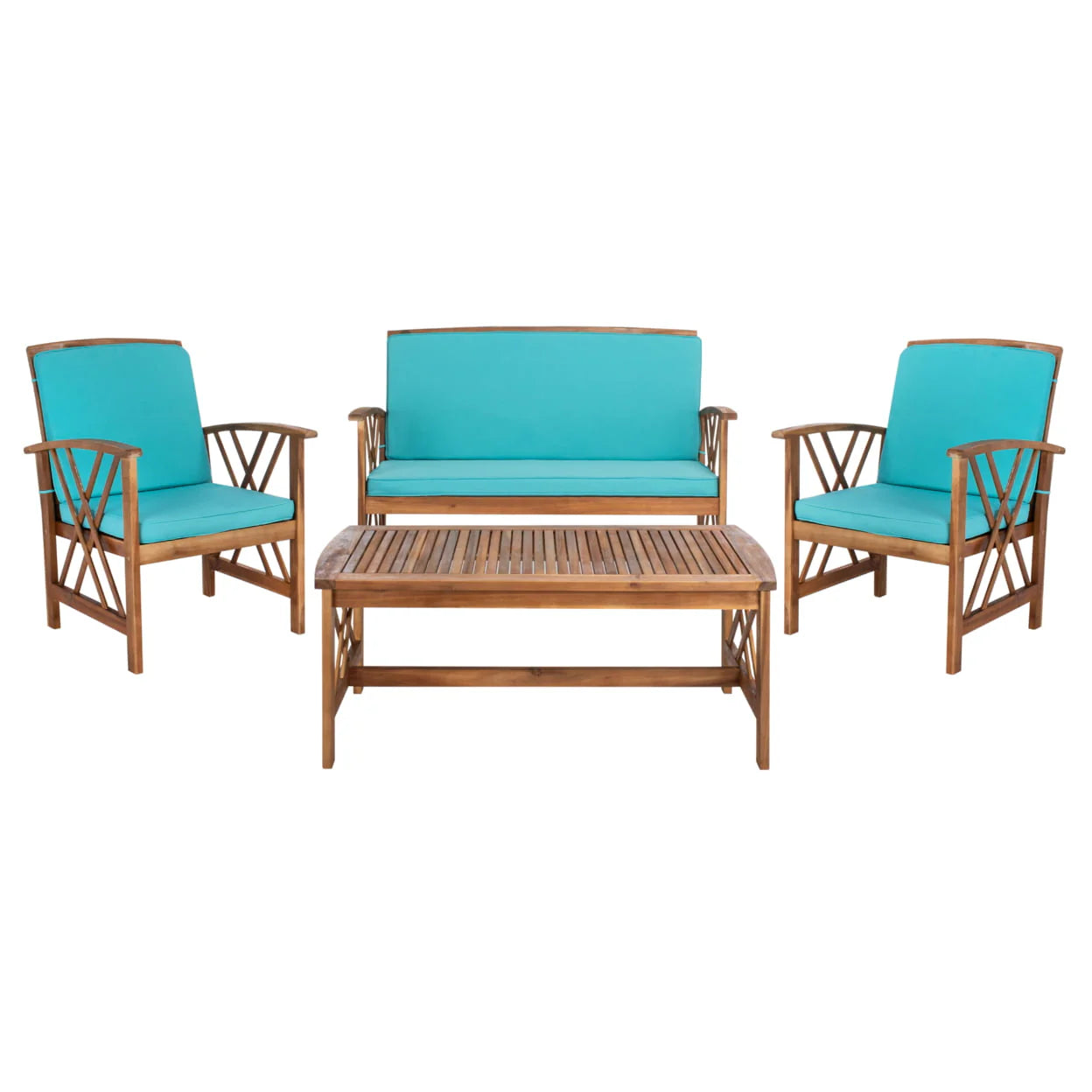 SAFAVIEH Outdoor Collection Fontana 4-Piece Patio Set Aqua Cushion