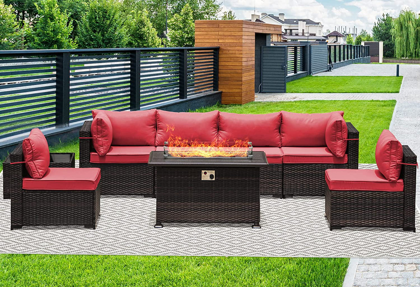 Gotland Outdoor Patio Sectional Furniture Set with 43" Propane Table 8Pcs Red Sponge Rattan Wicker