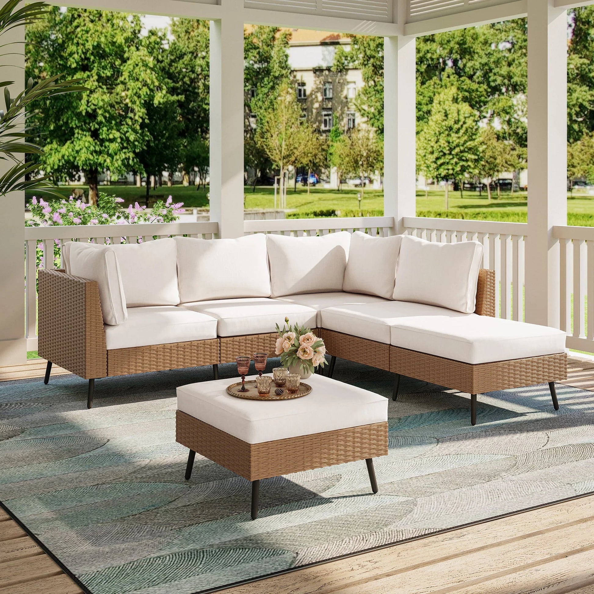 LAUSAINT HOME 6 Pieces Patio Conversation Set, Outdoor Sectional Wicker Sofa PE Rattan Furniture Set with Thick Cushions, Beige
