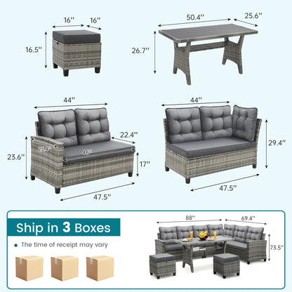 LOGYAT 6 Piece All Weather Outdoor Sectional Set, with 2 Sofas, 2 Ottomans with 1 Table, Patio Conversation Furniture for Deck, Garden, Natural Wicker and Black Cushions