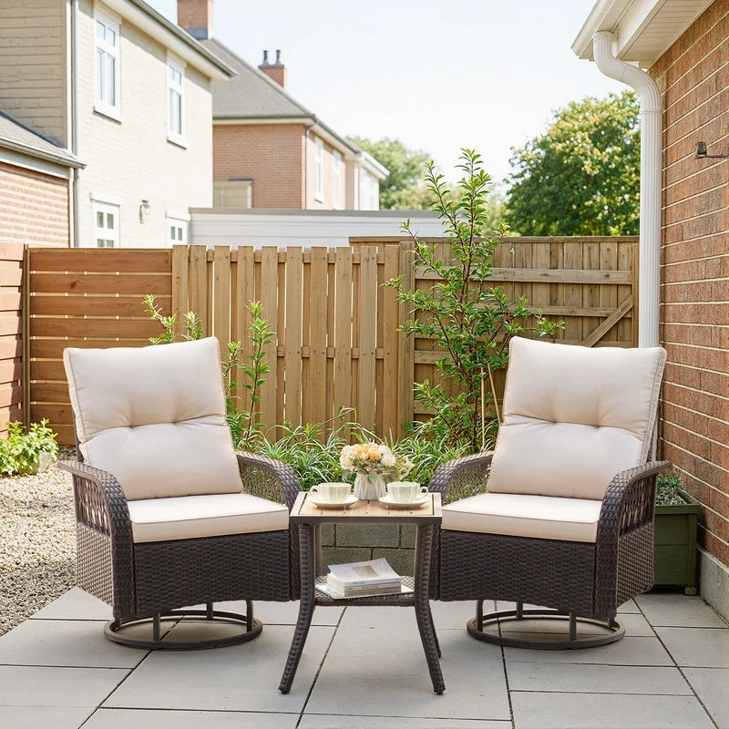 Lacoo 3 Piece Outdoor Bistro Set Patio 360° Swivel Rocking Chairs & Table All-Weather Rattan High Back Conversation Set for Backyard Porches Garden