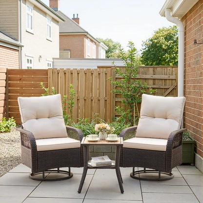 Lacoo 3 Piece Outdoor Bistro Set Patio 360° Swivel Rocking Chairs & Table All-Weather Rattan High Back Conversation Set for Backyard Porches Garden