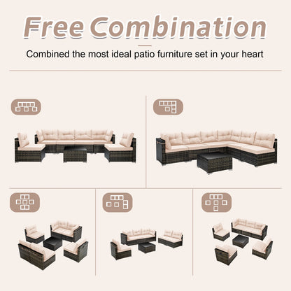 7 Piece Rattan Sectional Sofa Set, Outdoor Conversation Set, All-Weather Wicker Sectional Seating Group with Cushions & Coffee Table, Morden Furniture Couch Set for Patio Deck Garden Pool