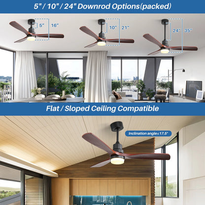 Sofucor 52" Ceiling Fans with Light and Remote Control, 3 Blades and Reverse Airflow,for Living Room,Patio,Black with Walnut Blades