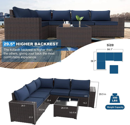 Gotland Outdoor Patio Furniture Set 6 Pieces Sectional Rattan Wicker Sofa Set Patio Conversation Set, Navy Blue
