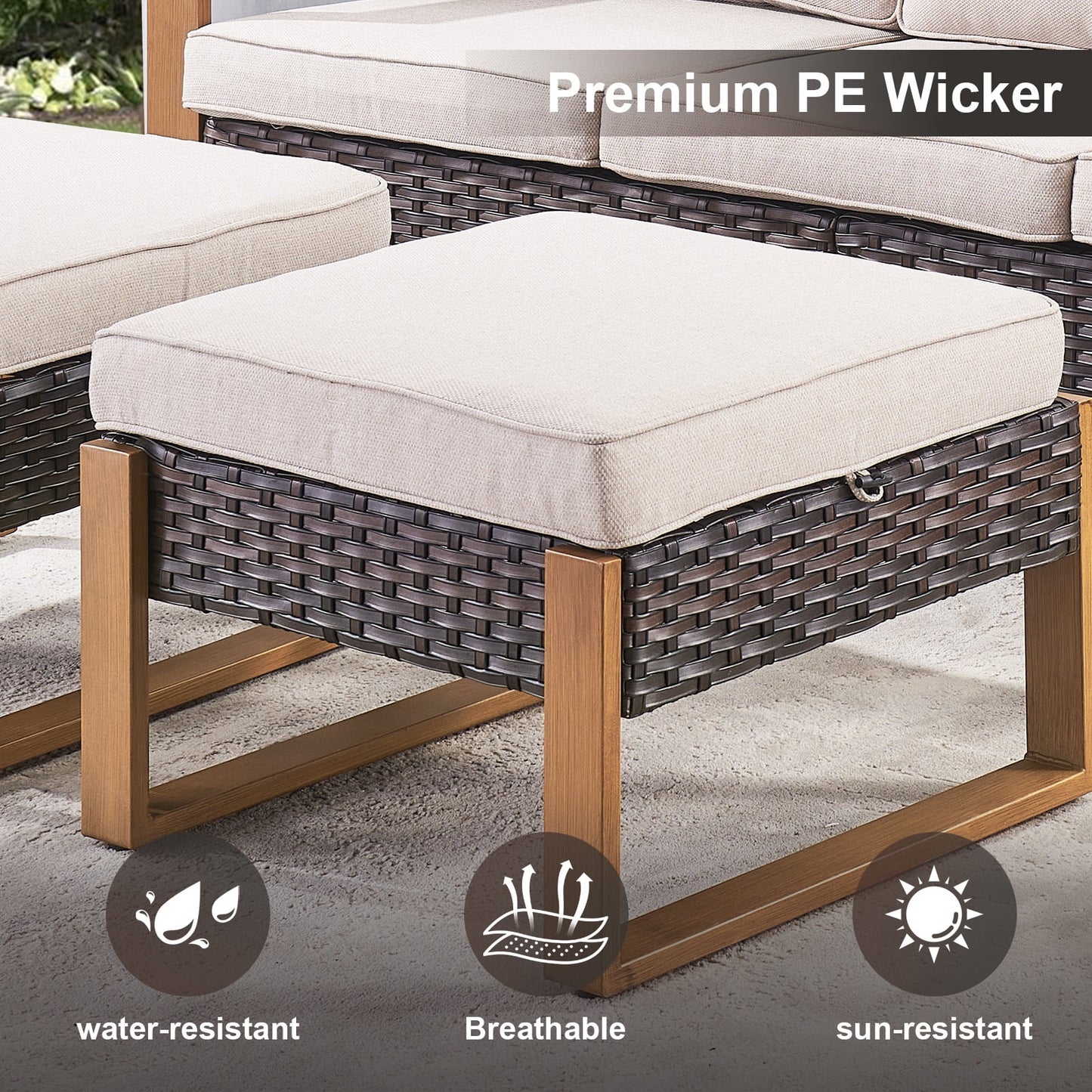 POCASSY 5PCS Patio Furniture Set with Sofa, Swivel Chair and Ottoman, All Weather Wicker Conversation Set Outdoor Seating Group for Pool, Backyard, Garden, Brown Wicker Beige Cushion