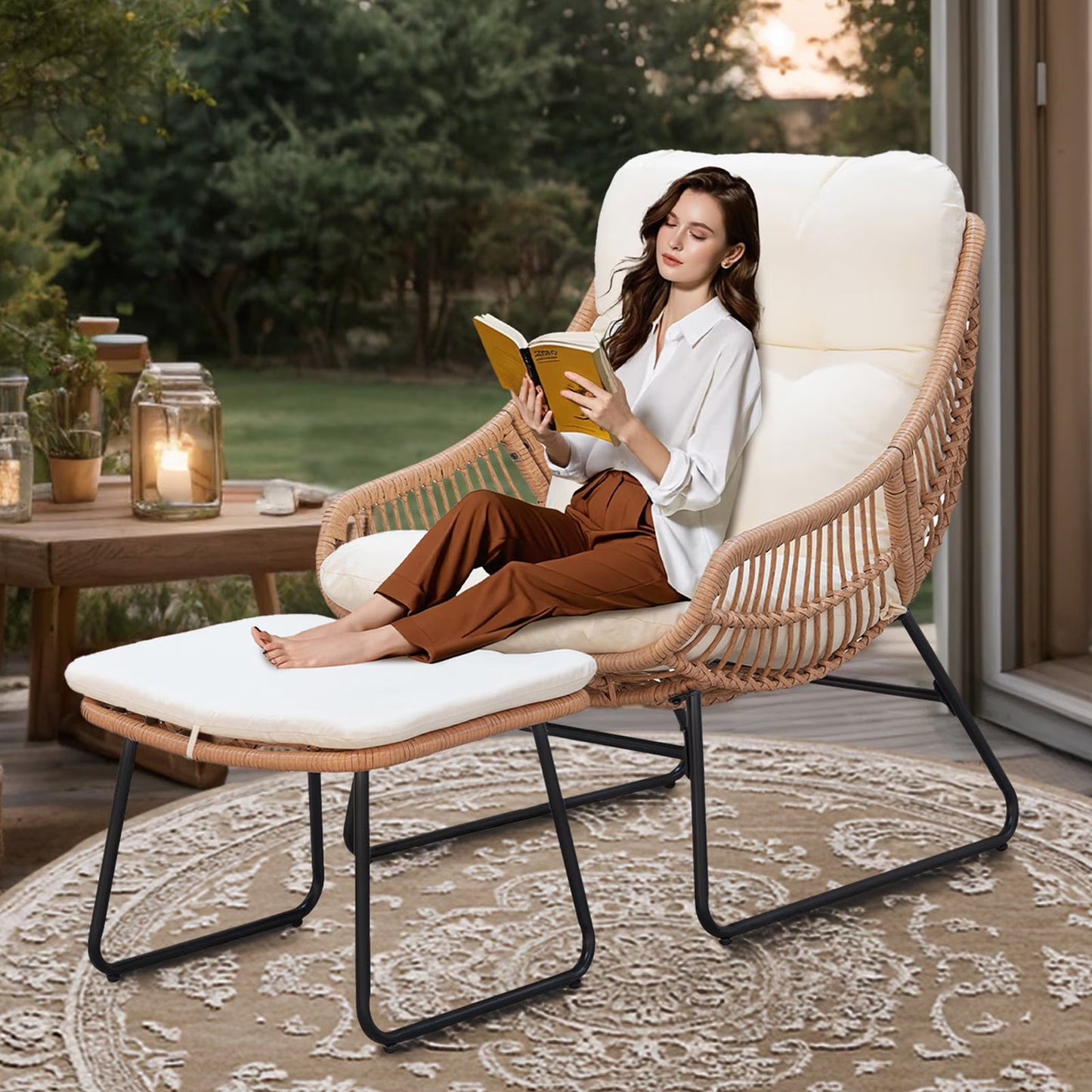 Tappio Wicker Papasan Egg Chair with Ottoman, Outdoor Patio Basket Lounge Chair Indoor Oversized Egg Lounger with Thick Cushion for Living Room Bedroom Balcony Porch, Black