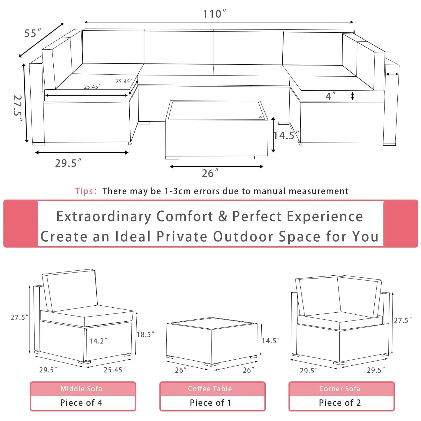 Gotland 7 Piece Outdoor Patio Furniture Set PE Rattan Wicker Patio Sectional Sofa Conversation Set(Red)