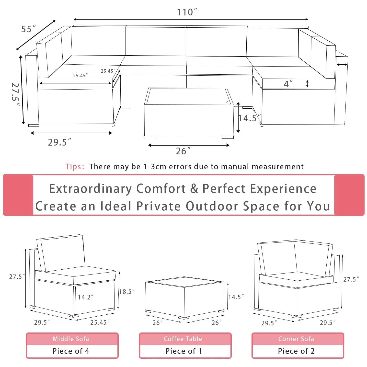 Gotland 7 Piece Outdoor Patio Furniture Set PE Rattan Wicker Patio Sectional Sofa Conversation Set(Red)