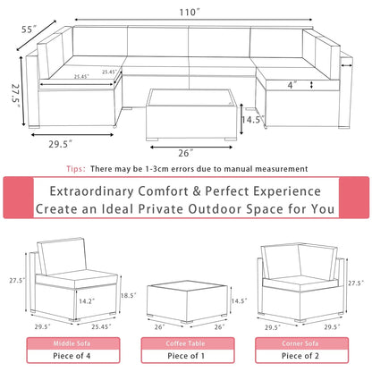Gotland 7 Piece Outdoor Patio Furniture Set PE Rattan Wicker Patio Sectional Sofa Conversation Set(Red)