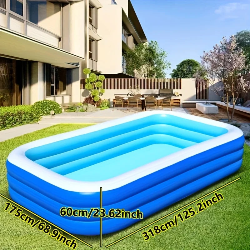 Super Large 3.1m 4-Layer Heightened & Thick Inflatable Swimming Pool - Foldable PVC Sunscreen Material, 4-Person Capacity, Blue & White Rectangular Design with Smooth Surface for Patio