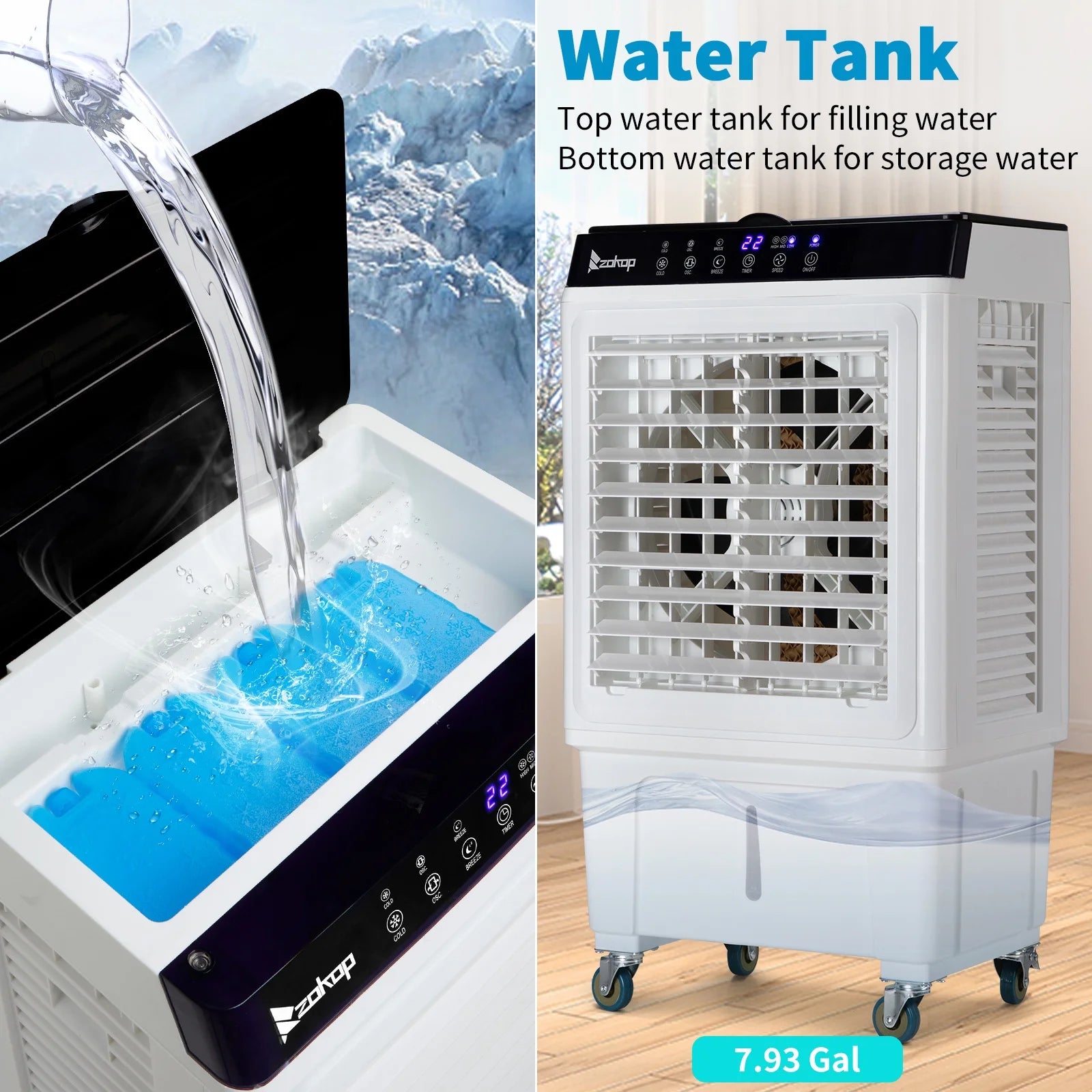 Evaporative Air Cooler, 2353CFM Portable Cooling Fan w/Humidifier, Indoor Outdoor Swamp Cooler for Home Patio, 7.9GAL Water Tank, 4 Ice Packs, 3 Speeds, 90?Swing