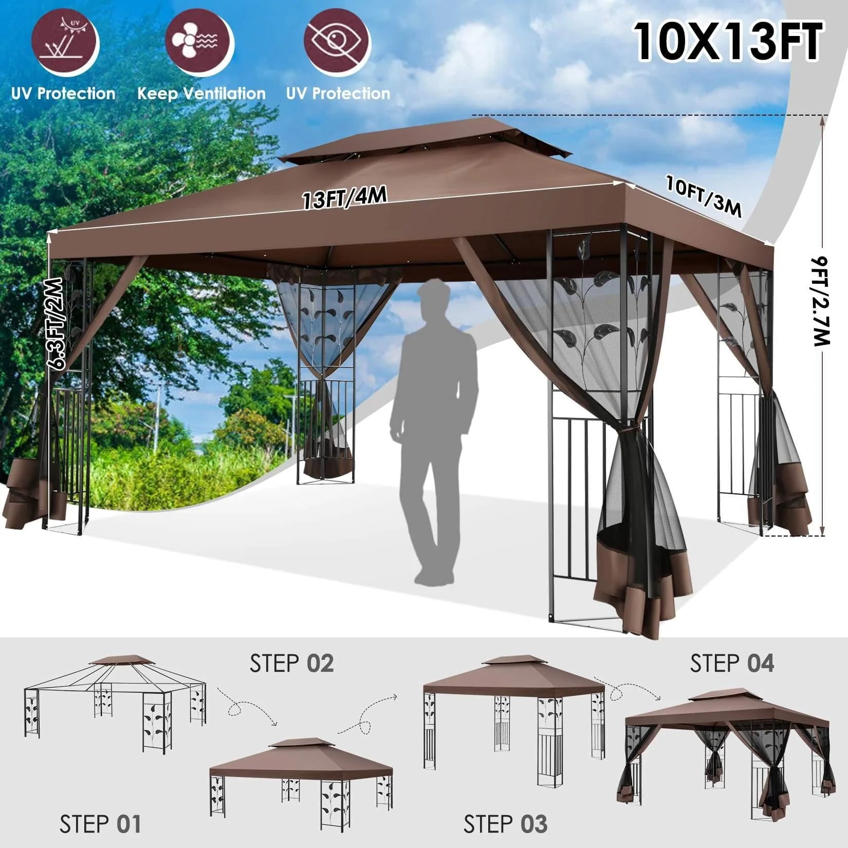 SANOPY Outdoor Gazebo Canopy with 4 Detachable Mosquito Nets, UV and Rainproof Gazebo Patio Easy to Assemble with Double Eaves, Top Drainage Hole Design, Suit for Terrace, Lawn, Garden
