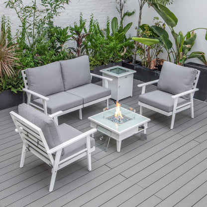 LeisureMod Walbrooke Modern Aluminum 5-Piece Patio Conversation Set with Outdoor Square Fire Pit Slats Design & Side Table Tank Holder, Charcoal