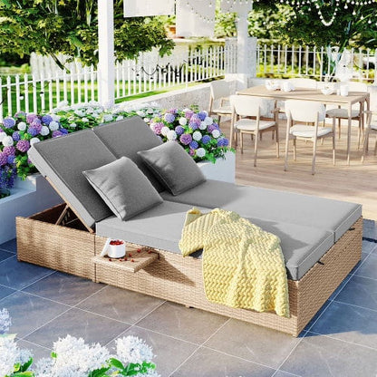 Harper & Bright Designs Rattan Outdoor Double Lounge Chaise 2-Person PE Wicker Outdoor Patio Sunbed with Canopy Cover for Backyard Garden Balcony, Beige+Black