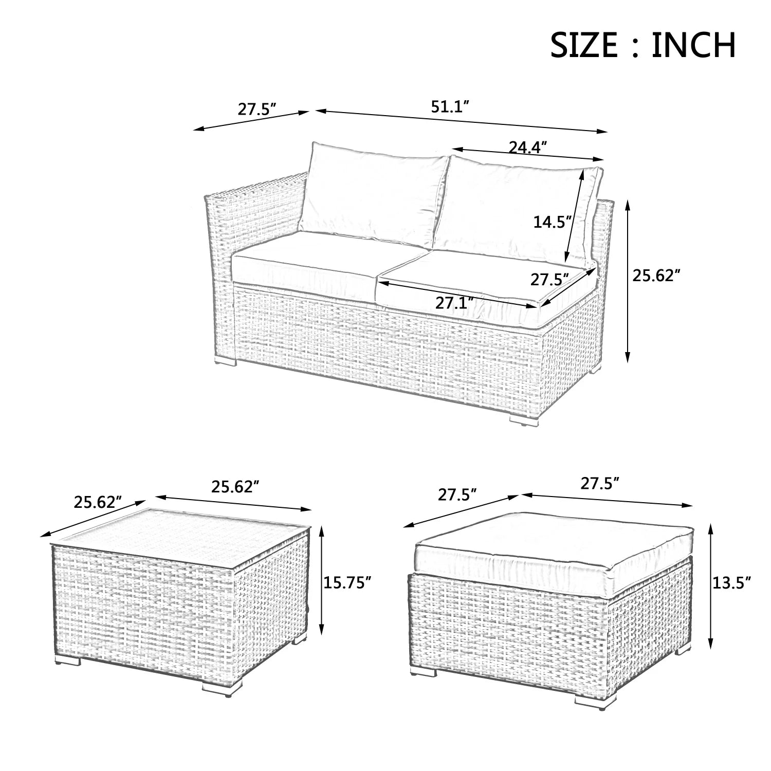 Highsound 4 Piece Outdoor Patio Furniture Sets, Wicker Conversation Set for Porch Deck, Gray Rattan Sofa Chair with Cushion, Blue