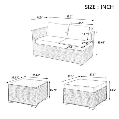Highsound 4 Piece Outdoor Patio Furniture Sets, Wicker Conversation Set for Porch Deck, Gray Rattan Sofa Chair with Cushion, Blue