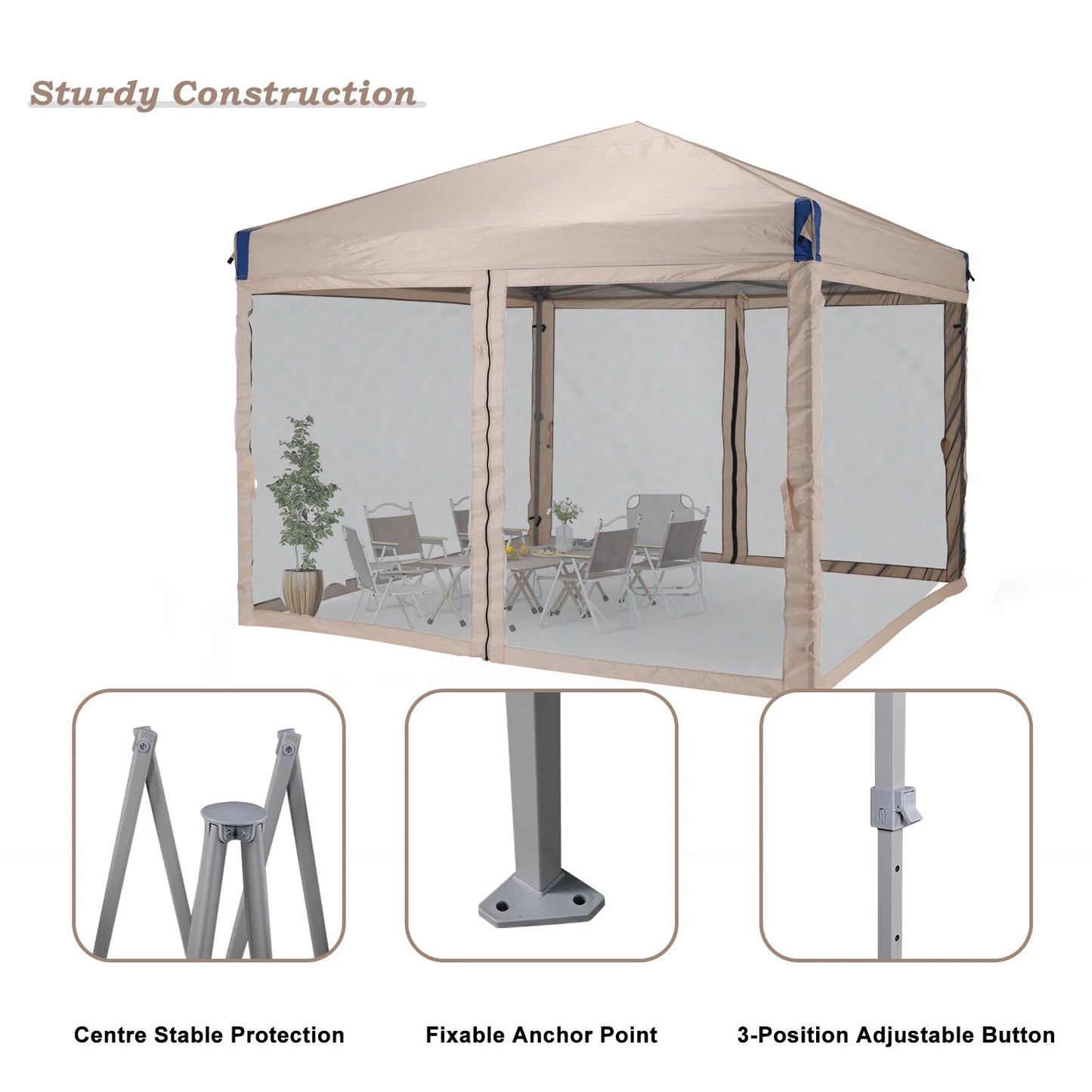 YUONAO 10x10 ft Pop Up Canopy Tent with Mesh Sidewalls, Portable Outdoor Shade Tent, Waterproof UV-Resistant Folding Gazebo for Backyard, Patio, Camping, Party(Beige)