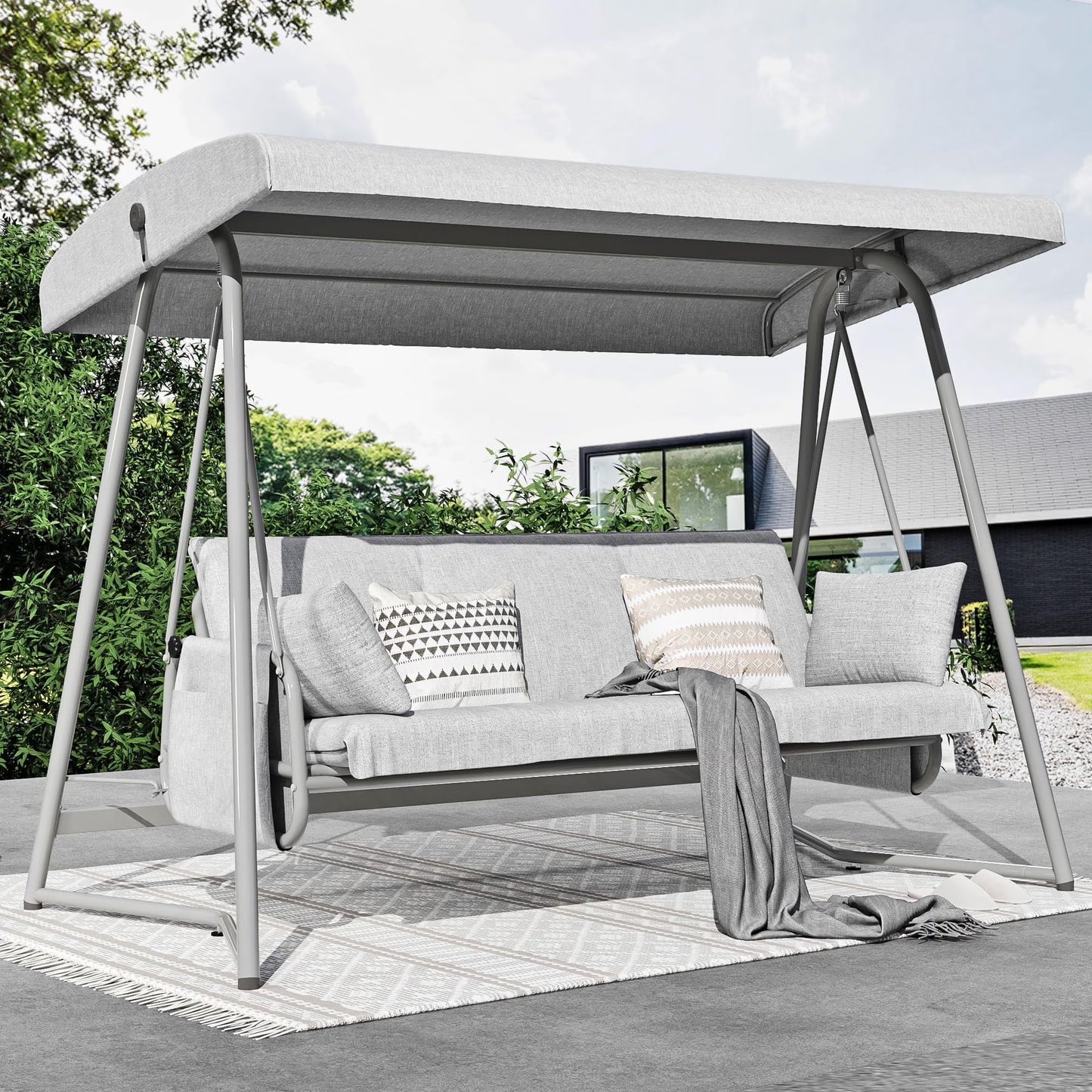 TQKVIPI Oversized 4 Person Outdoor Porch Swing with Adjustable Backrest Canopy,2-in-1 Swing Bed 800 lbs Capacity,Patio Swing with Removable Cushions for Yard Garden Poolside Balcony