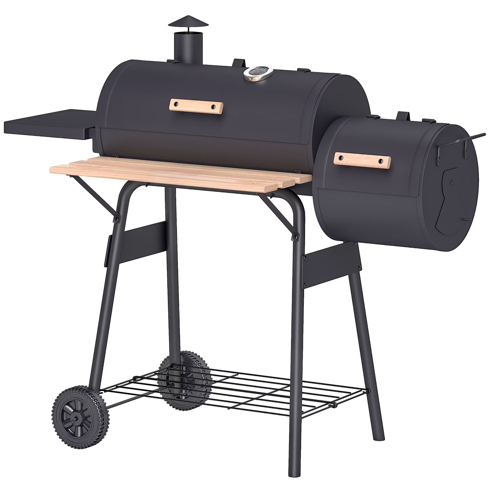 BNDFTF Black Multifunctional Charcoal Grill, Offset Smoker & BBQ Combo, with Front/Side Shelves, Lid Thermometer & Wooden Heat-Resistant Handles, for Outdoor Patio