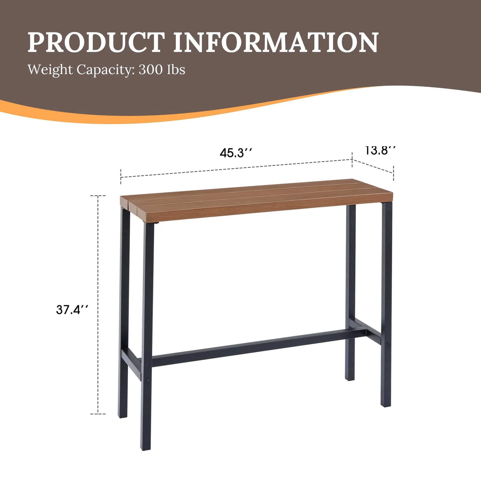 Vicllax Patio Rectangle Bar Table Metal Modern Style for Porch Garden (45.3"Lx13.8"Wx37.4"H)