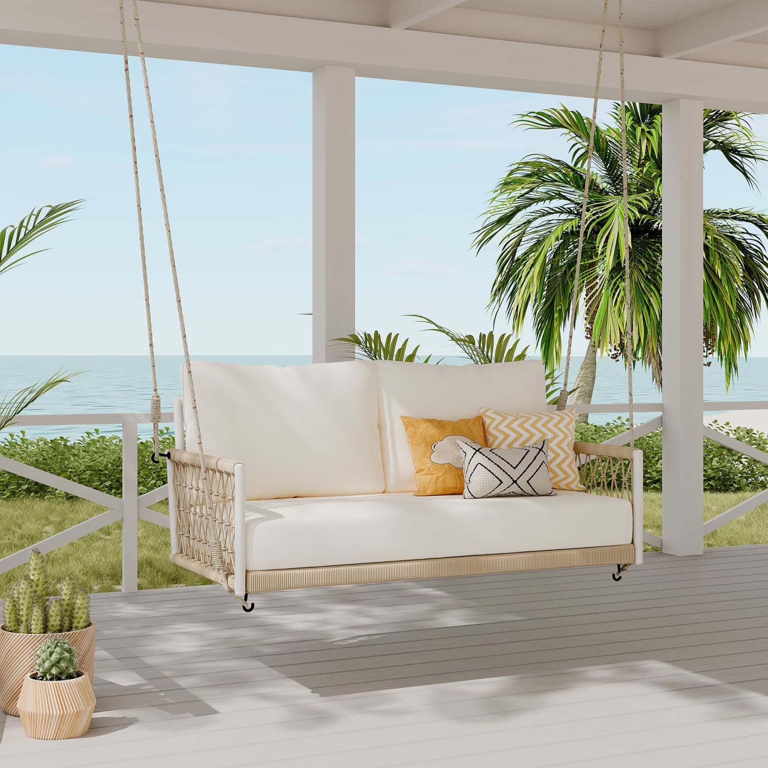 Harper & Bright Designs PE Ratten Porch Swing Chair, 2-Seater Hanging Swing Bench with Chains, All Weather Design Patio Furniture Swing for Backyard Garden Poolside, Grey and White