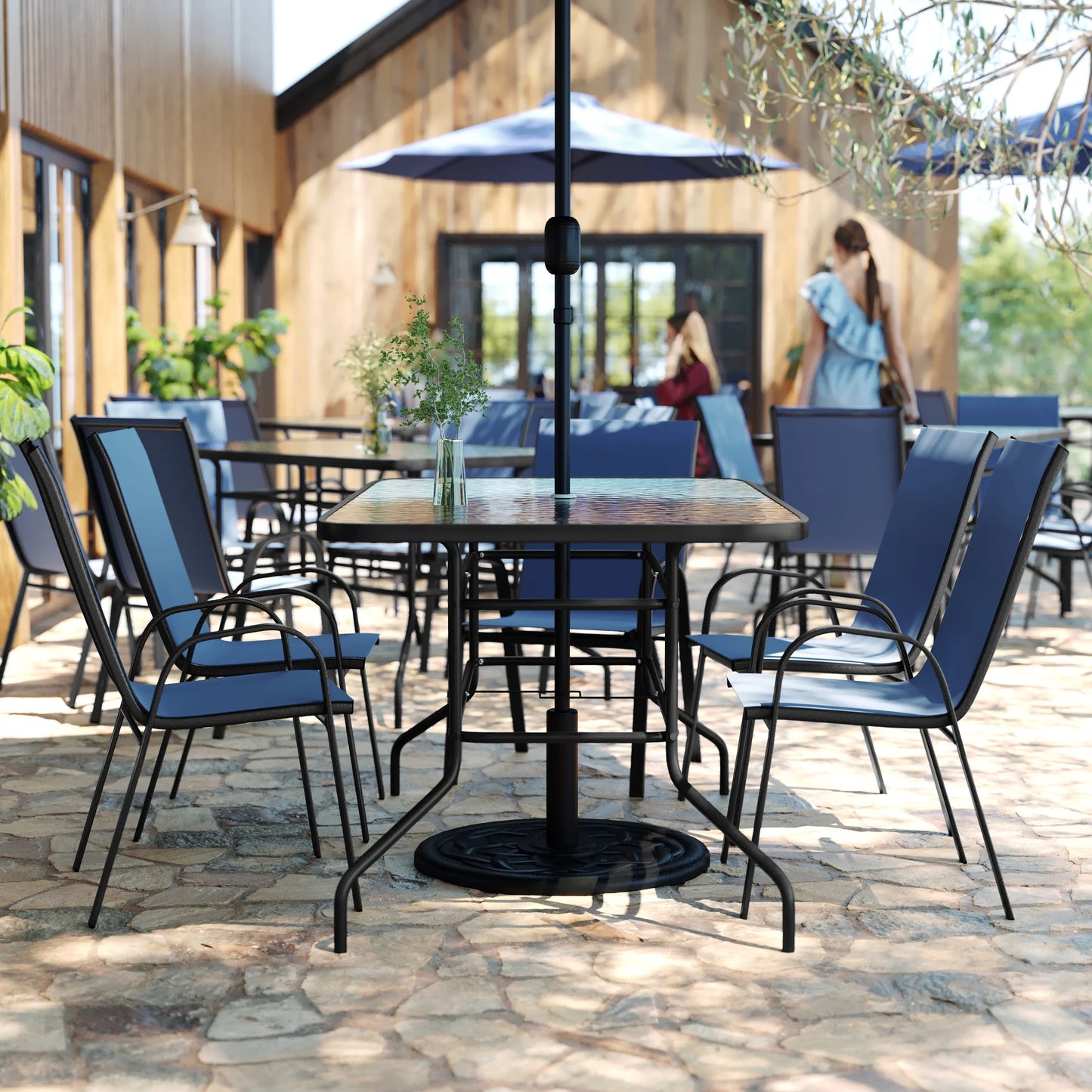 Flash Furniture 7 Piece Outdoor Patio Dining Set - 55" Tempered Glass Patio Table with Umbrella Hole, 6 Navy Flex Comfort Stack Chairs